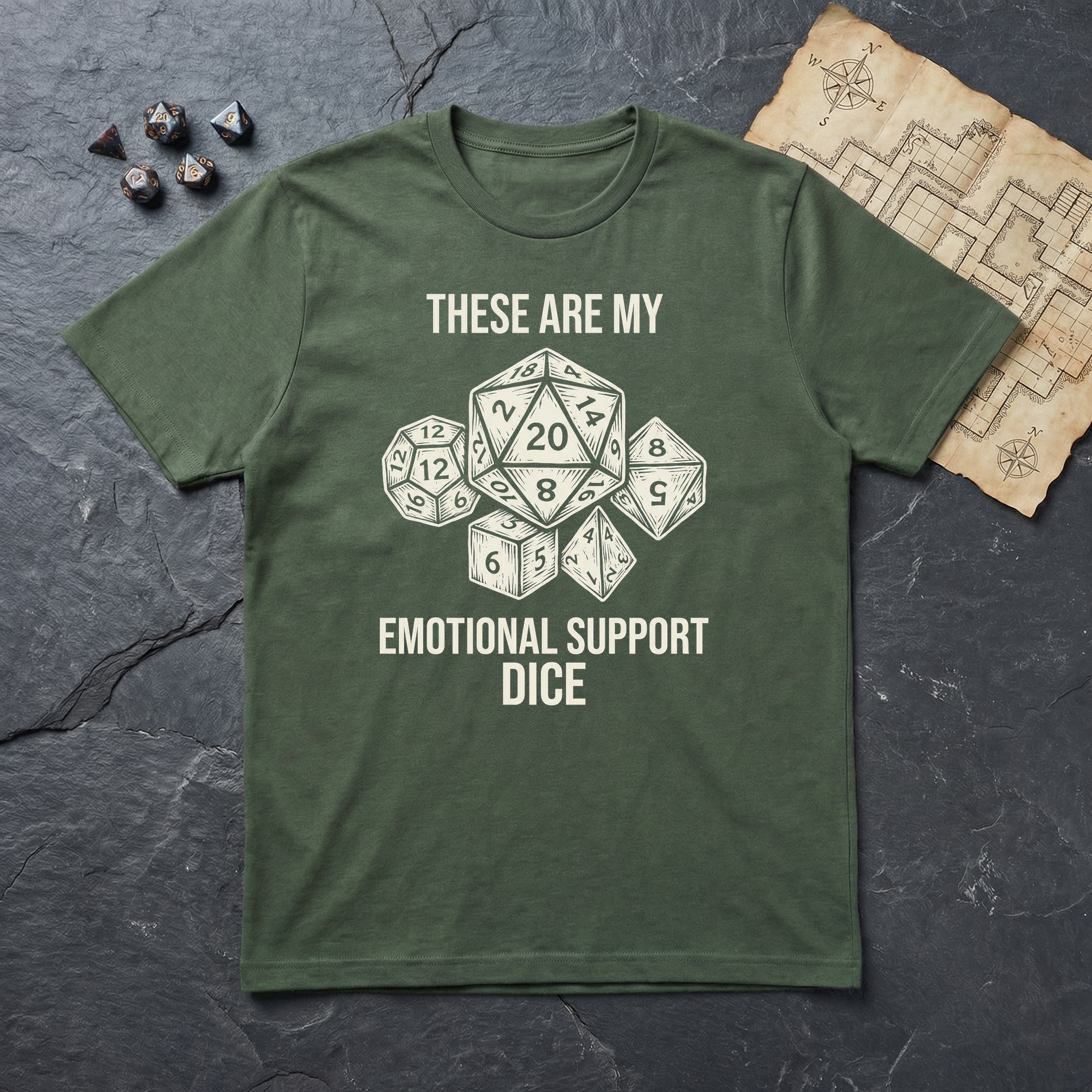 Emotional Support Dice T-Shirt — Military Green