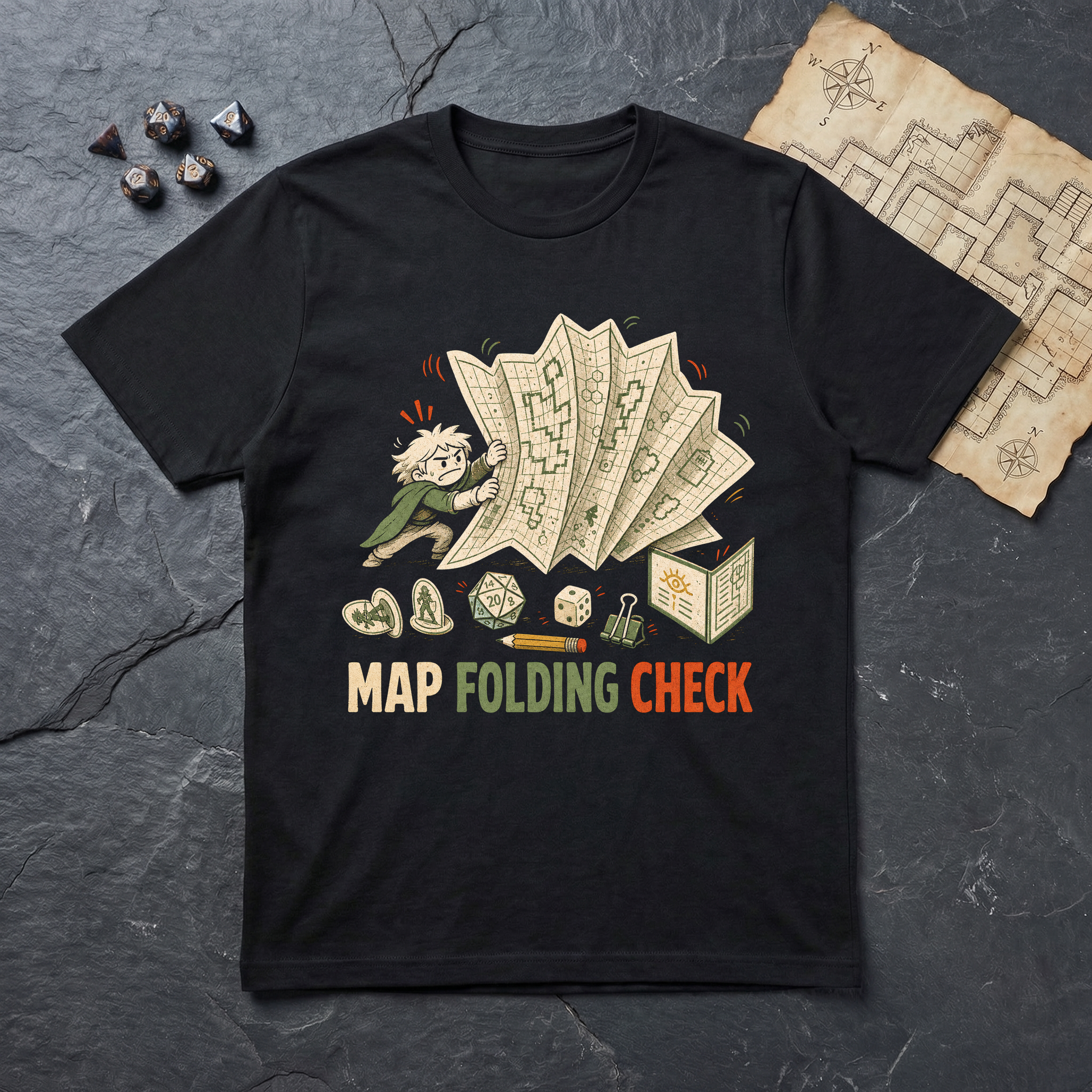 Map Folding Check T-Shirt — Black