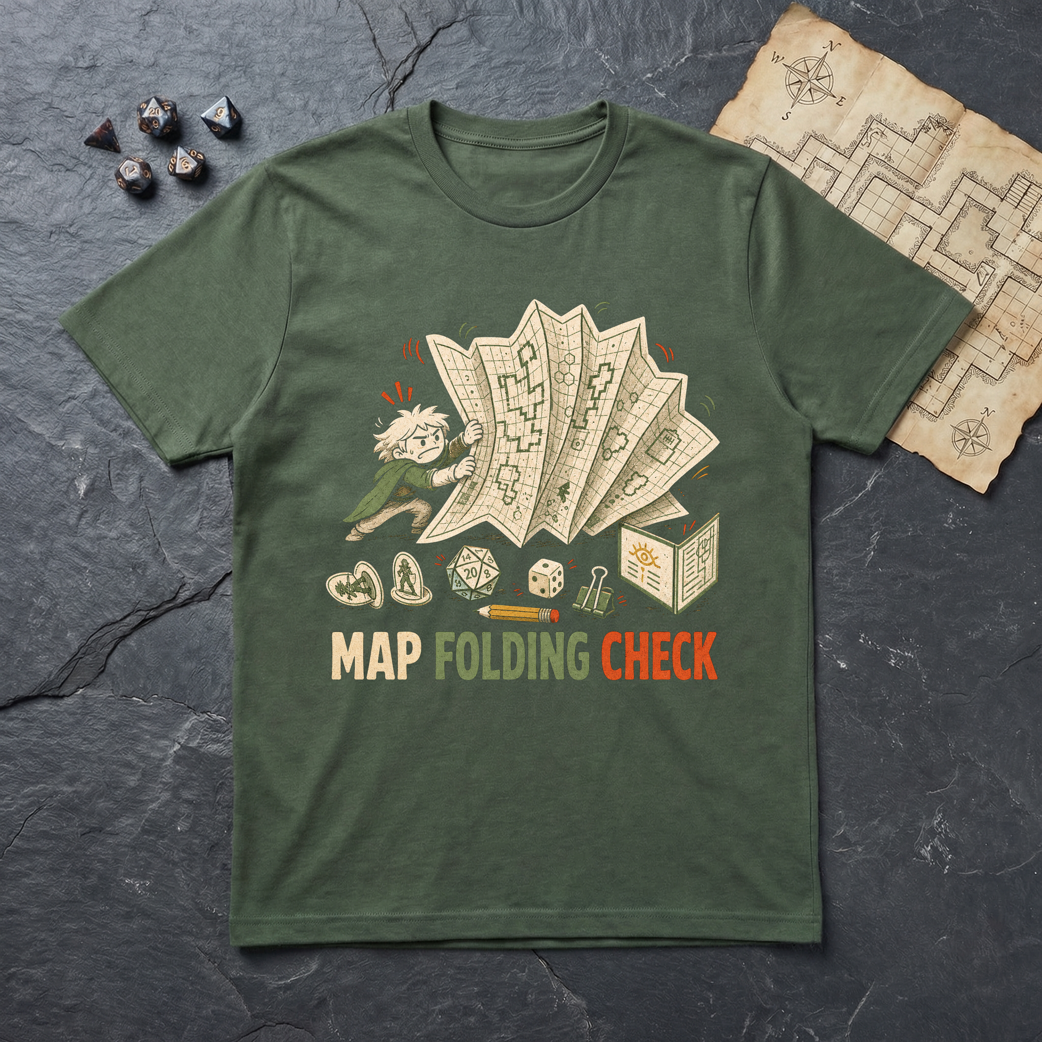 Map Folding Check T-Shirt — Military Green