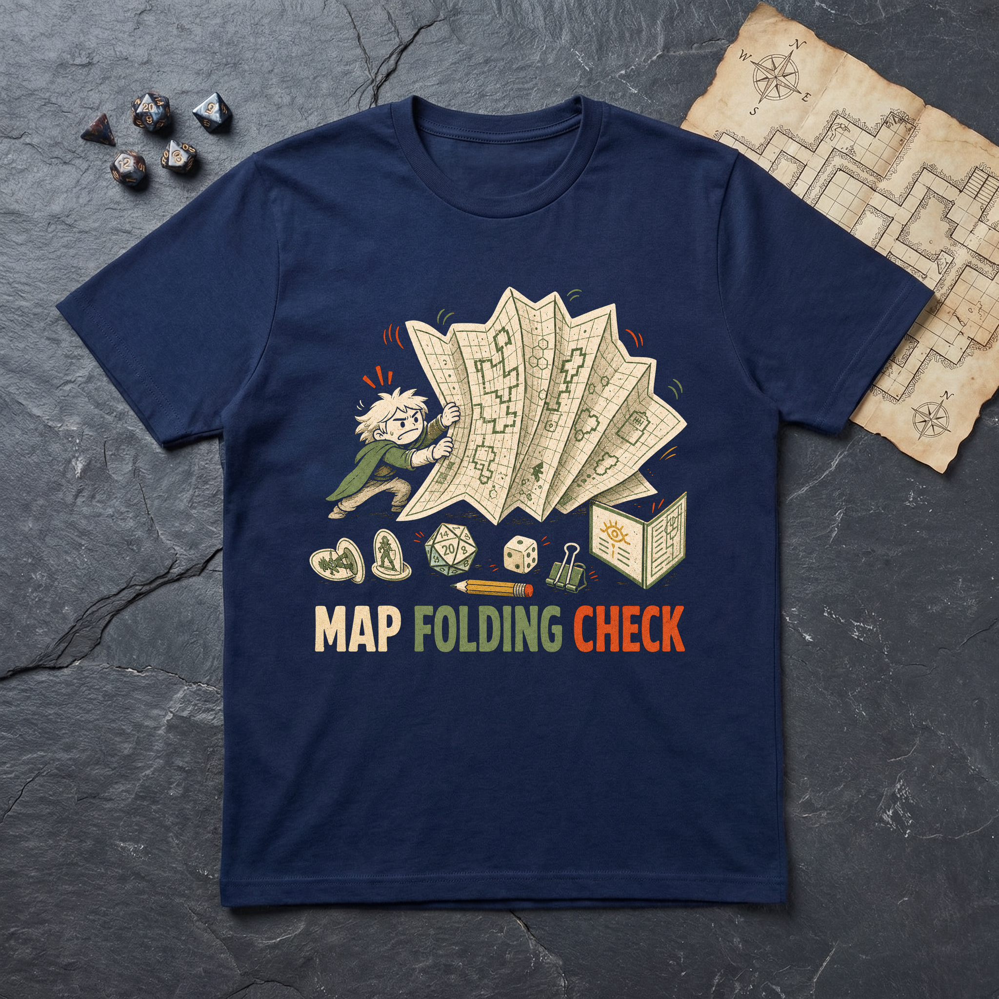Map Folding Check T-Shirt — Navy