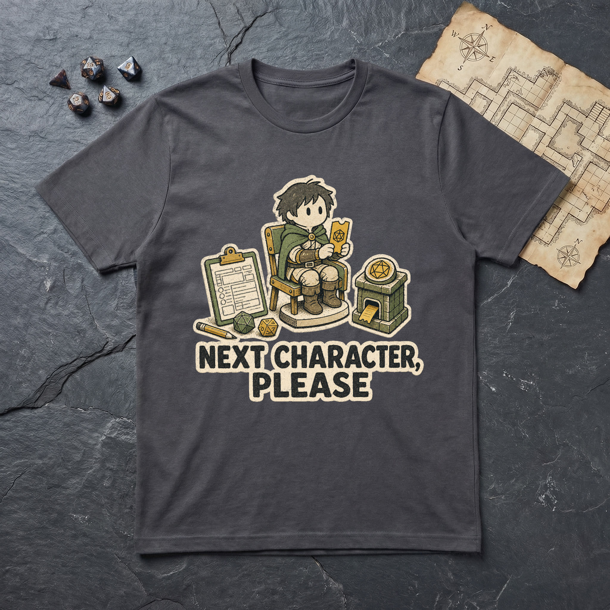 Next Character Please T-Shirt — Charcoal